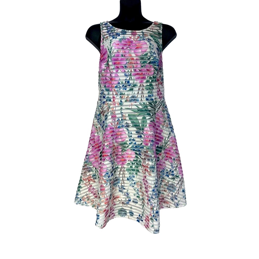 Gabby Skye 14W Floral Mesh Fit & Flare Dress Multicolor Sleeveless Back Zip